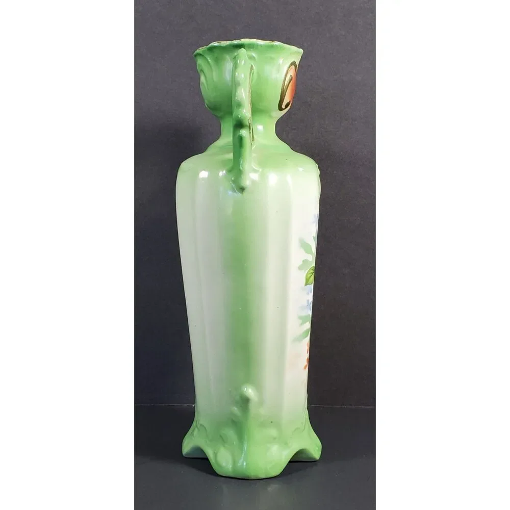 Vintage Green Floral Double Handle Made in Czechoslovakia Porcelain Vase Urn